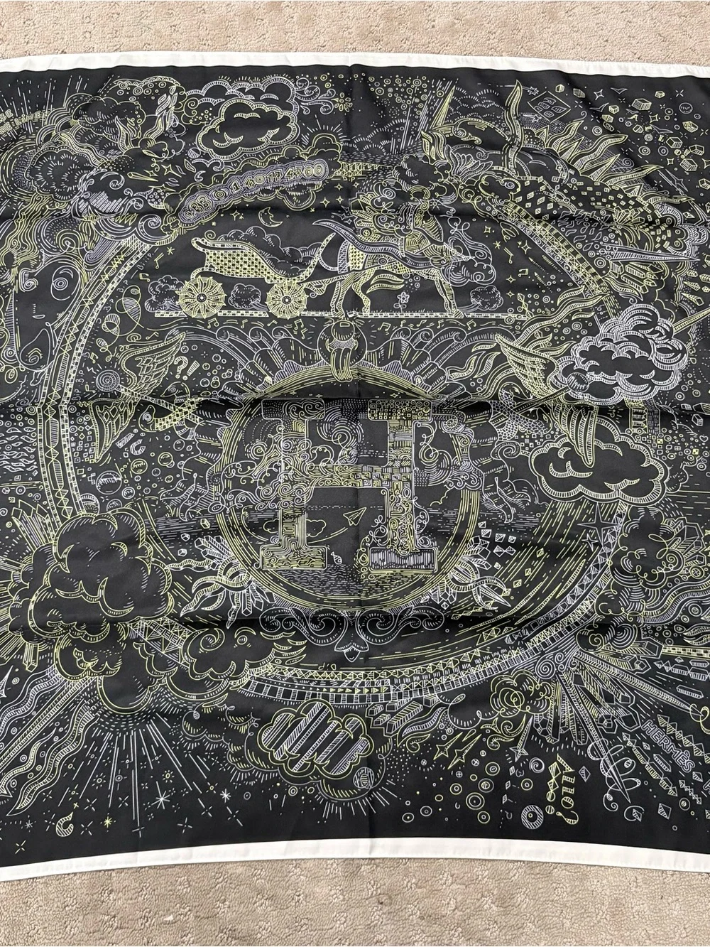 Hermès Black Gold Ivory Horse Carriage Celestial Print Square Silk Scarf 35x35